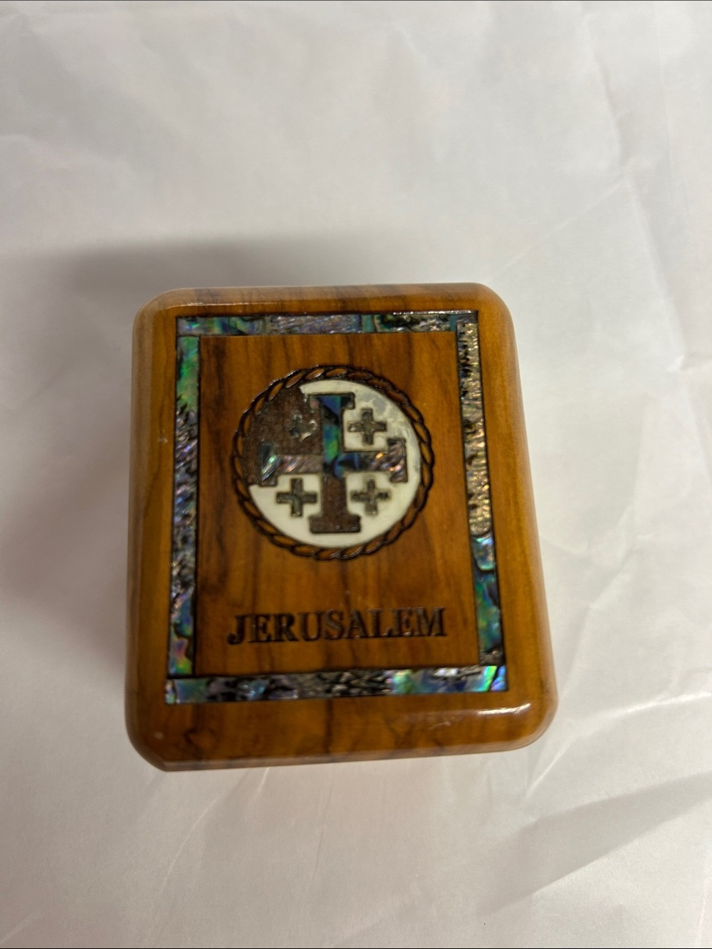 Jerusalem Olive Wood Rosary Case with Mother of Pearl Inlay